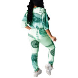 Rushlover Green Dollar Print Two Piece Outfit With Pockets