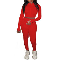 Rushlover Red Stand Neck Two Piece Outfits With Thumbhole
