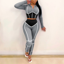 Rushlover Gray Zipper Hoodie And Colorblock High Rise Pant