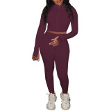 Rushlover Wine Red Long Sleeve Cropped Two-Piece With Zip