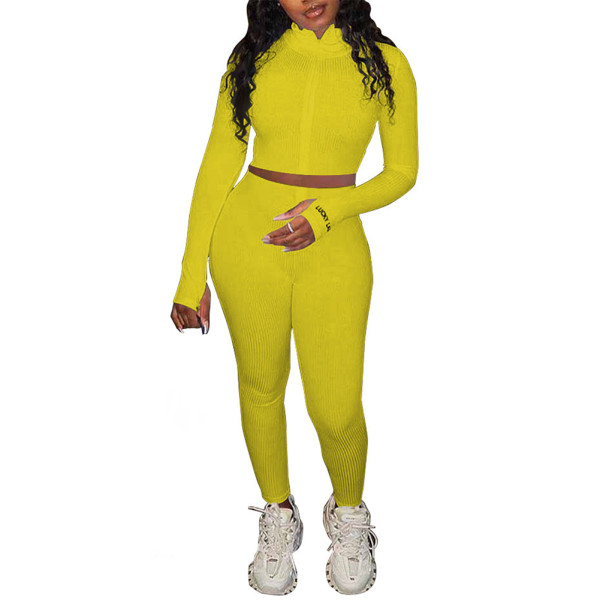 Rushlover Yellow High Waist Two Piece Outfits With Thumbhole