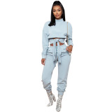 Rushlover Light Blue Tie-Waist Cropped Top And Sweatpants