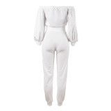 Rushlover Off Shoulder White Sequin High Waist Women Suit