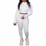 Rushlover White Zipper Stand Neck Cropped Two Piece Outfits