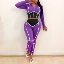 Rushlover Purple Colorblock Hooded Neck Two Piece Outfit