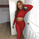 Rushlover Red High Waist Cropped Sports Suit Jacquard