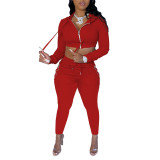 Rushlover Red Drawstring Women Suit Ankle Length Zipper
