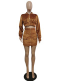 Rushlover Khaki Thicken Skirt Set Full Sleeve Zipper