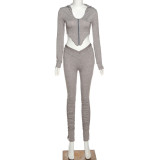 Rushlover Gray Long Sleeve Hood Top Ruched Jogger Suit