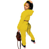 Rushlover Yellow Two-Piece Outfits Pockets Hooded Collar