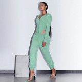Rushlover Green Long Sleeve Jacket Two Pieces Outfit With Zip