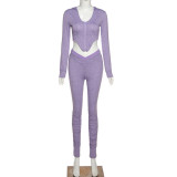 Rushlover Purple High Low Hem Zipper Jacket And Ruched Pants