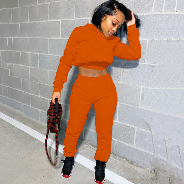 Rushlover Orange Solid Color Hooded Collar Two-Piece Outfits