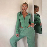 Rushlover Green Long Sleeve Jacket Two Pieces Outfit With Zip