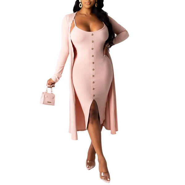 Rushlover Pink Cardigan Dress Outfit Front Split Sling