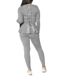 Rushlover Gray Long Sleeve Back Straps Two Piece Outfit