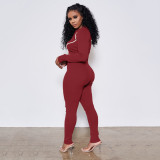 Rushlover Wine Red Zip Neckline Two Piece Outfit Full Sleeve