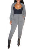 Rushlover Gray Pleated Solid Color Zipper Women Set