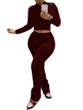 Rushlover Wine Red High Waist Crop Two Piece Outfit
