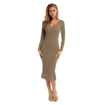 Rushlover Light Coffee Color Sweater Dress Solid Color Knit