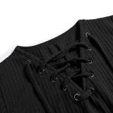 Rushlover Black Sweater Dress Mini Length Lace-Up