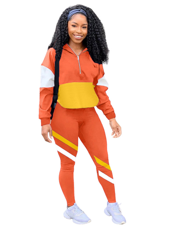 Rushlover Orange Women Set Colorblock Long Sleeve Zipper