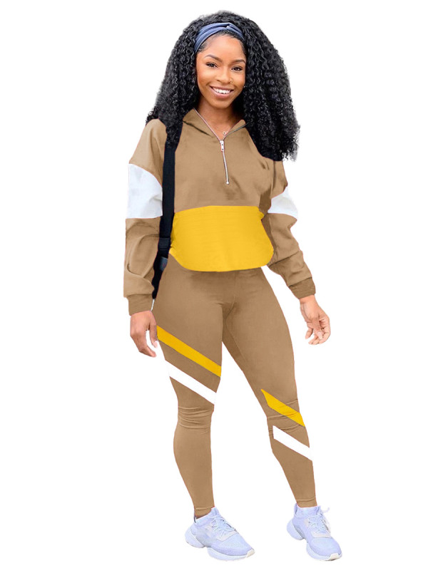 Rushlover Khaki Contrast Color Long Sleeve Sweat Suit
