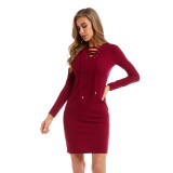 Rushlover Wine Red Full Sleeve Solid Color Sweater Dress