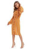 Rushlover Yellow Stripe Print Midi Dress Lantern Sleeve