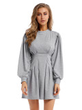 Rushlover Gray Mini Dress Solid Color Bishop Sleeve