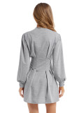 Rushlover Gray Mini Dress Solid Color Bishop Sleeve
