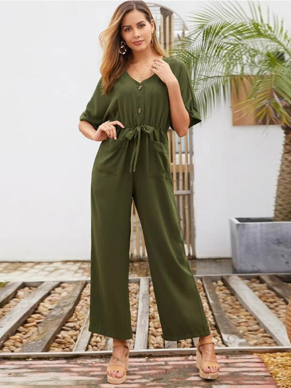 Rushlover Army Green Tie Jumpsuit V Collar Solid Color