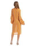 Rushlover Yellow Stripe Print Midi Dress Lantern Sleeve