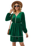 Rushlover Green Mini Dress Lantern Sleeve V Neck