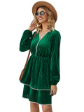 Rushlover Green Mini Dress Lantern Sleeve V Neck