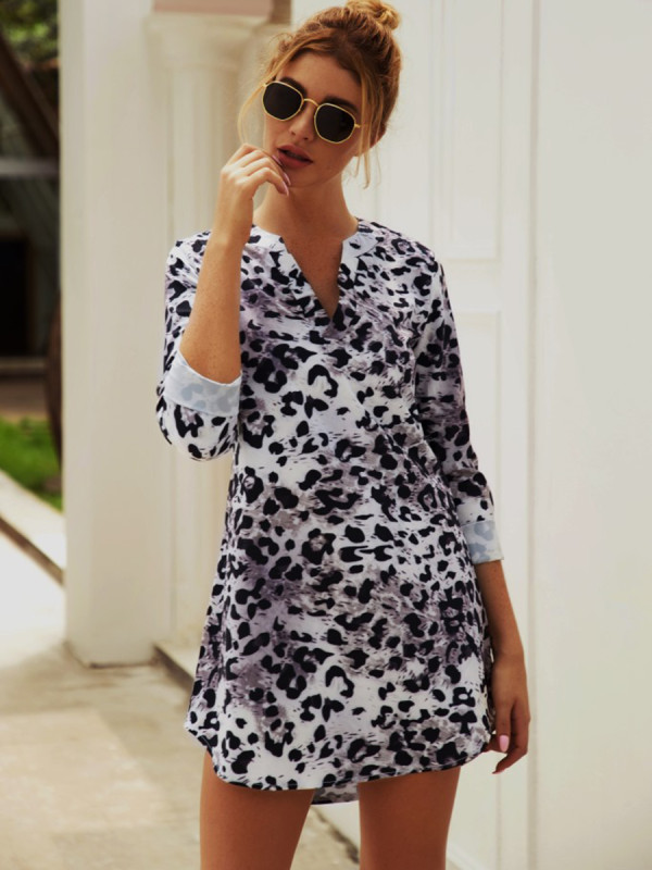 Rushlover Apricot Mini Dress Leopard Pattern V Collar