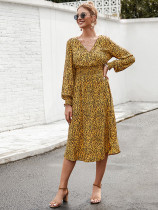 Rushlover Yellow Leopard Midi Dress V Neck High Waist