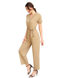 Rushlover Apricot Short Sleeves Button Wide Leg Jumpsuit