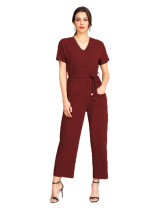 Rushlover Wine Red Button Wide Leg Jumpsuit Short Sleeves
