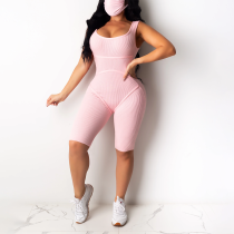 Rushlover Pink Solid Color Knit Jumpsuit Sleeveless