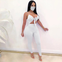 Rushlover White Backless Jumpsuit With Mask Front Knot