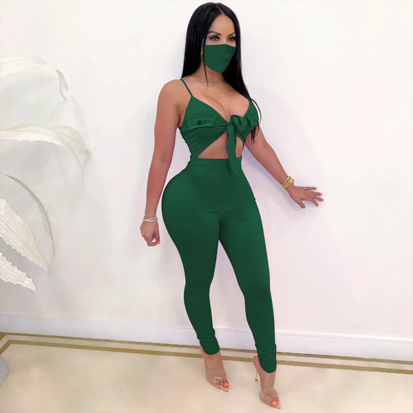 Rushlover Green Ankle Length Hollow Jumpsuit With Mask