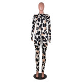 Rushlover Leopard Print Long Sleeve With Zip Jumpsuit
