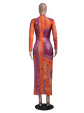 Rushlover Orange Bodycon Dress Dollar Print High Neck
