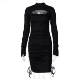 Rushlover Bodycon Dress Black Drawstring Ruched Full Sleeve