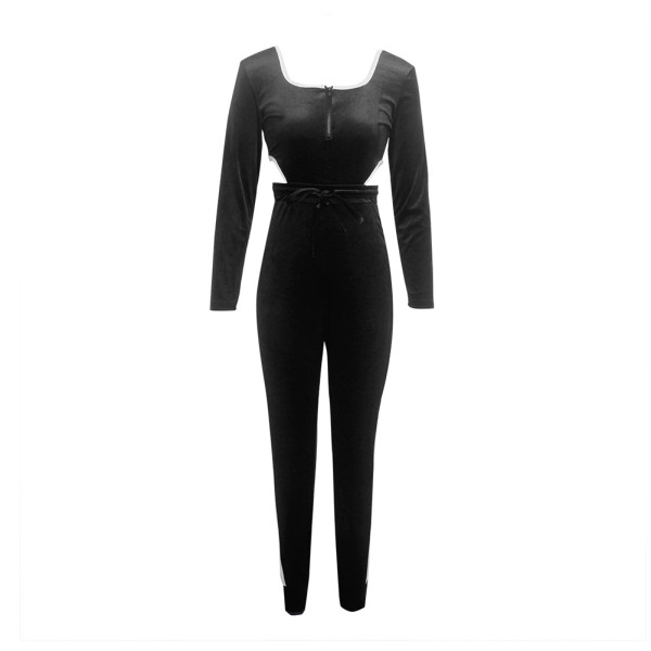 Rushlover Black Hollow-Out Square Neck Jumpsuit Waist