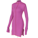 Rushlover Purple High Neck Long Sleeve Slit Mini Dress