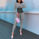 Rushlover Gray Patchwork Fitted Waist Long Sleeve Jumpsuit