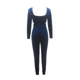 Rushlover Blue Square Collar Long-Sleeved Jumpsuit