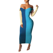 Rushlover Blue Off Shoulder Contrast Color Bodycon Dress
